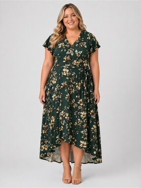 Fortune + Ivy Women’s Large Green Floral Faux Wrap Midi Dress | Wedding Guest